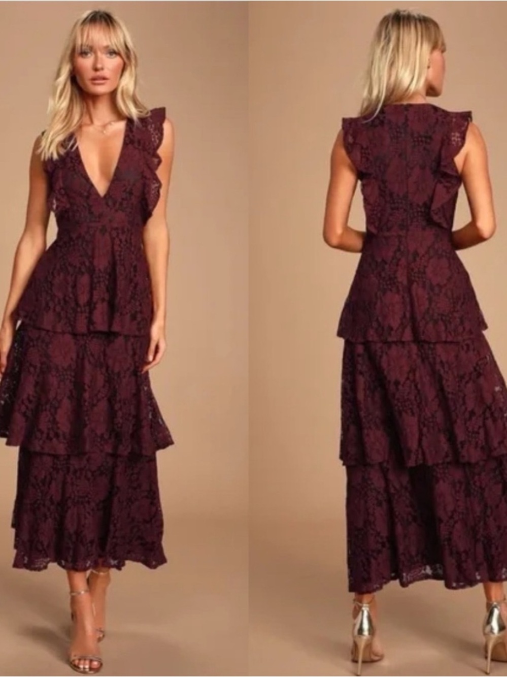 NWT Lulus Molinetto Burgundy Lace Ruffled Tiered Maxi Dress Women's Size Large